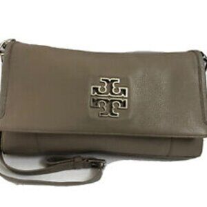 Tory Burch Satchel Handbag Taupe Leather ShoulderBag Purse Tote  Silver hardware